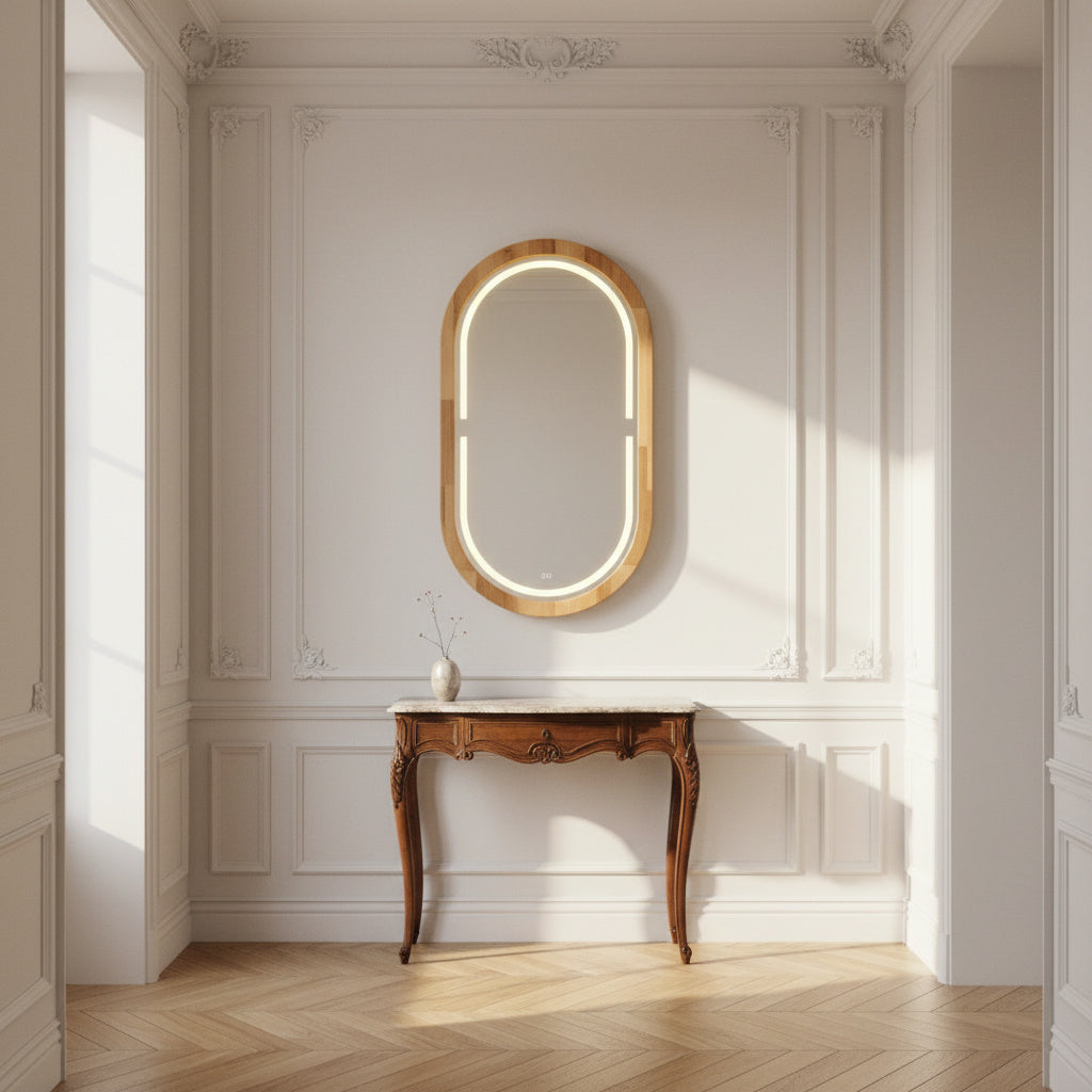 Kayın Ahşap Çerçeveli LED’li Oval Ayna – Dimmer Işıklı Dekoratif Duvar Aynası, Banyo Makyaj Salon Aynası