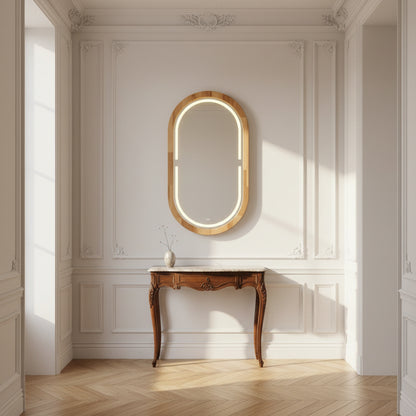 Kayın Ahşap Çerçeveli LED’li Oval Ayna – Dimmer Işıklı Dekoratif Duvar Aynası, Banyo Makyaj Salon Aynası