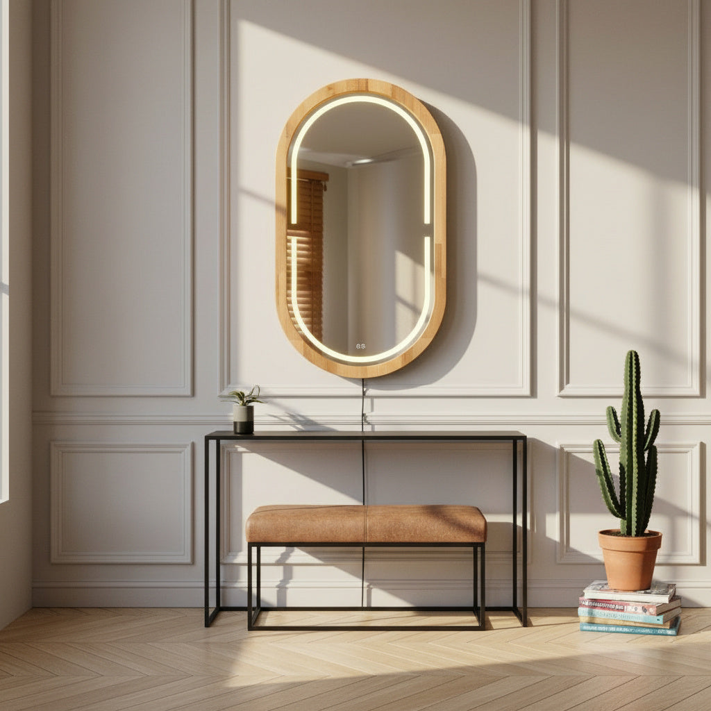 Kayın Ahşap Çerçeveli LED’li Oval Ayna – Dimmer Işıklı Dekoratif Duvar Aynası, Banyo Makyaj Salon Aynası