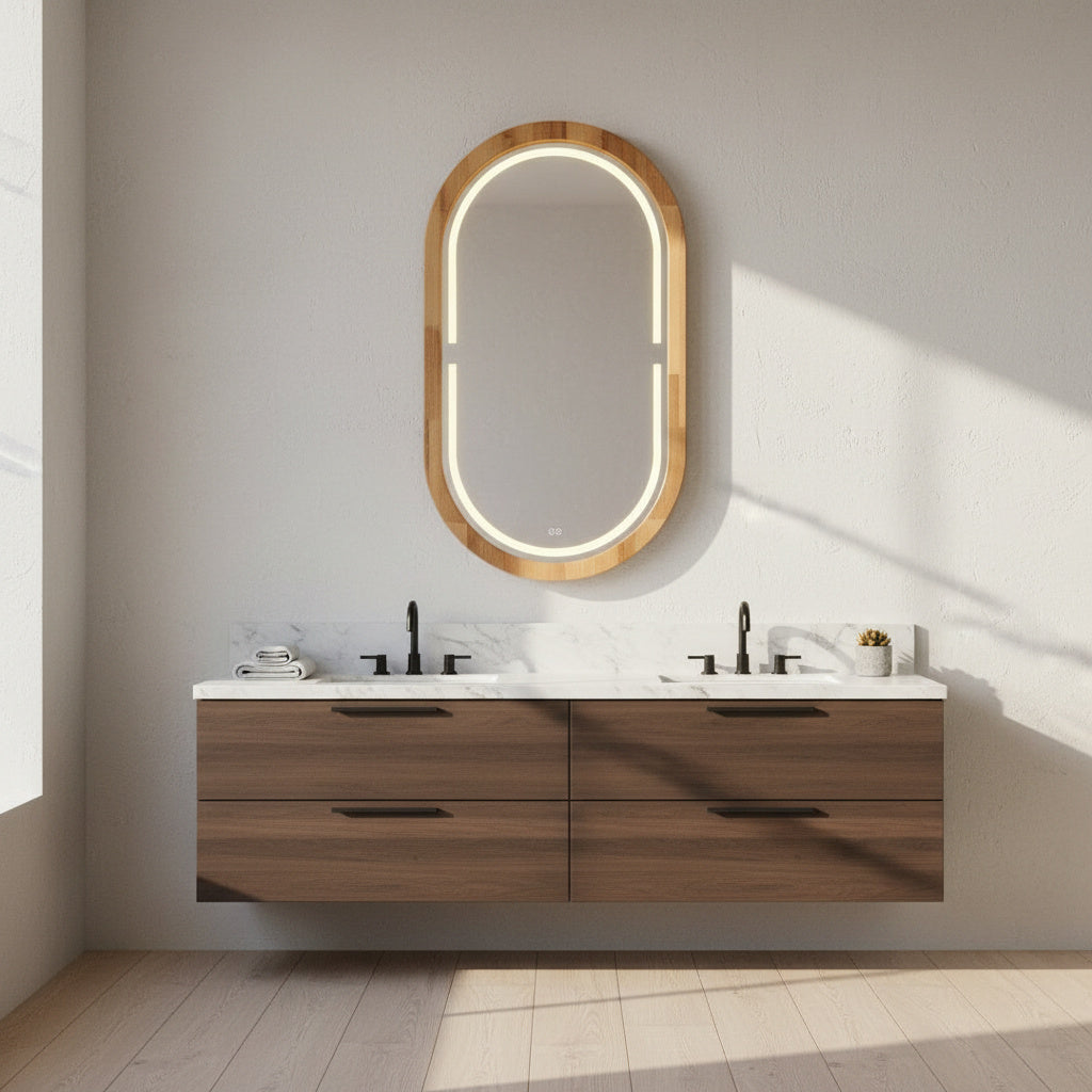 Kayın Ahşap Çerçeveli LED’li Oval Ayna – Dimmer Işıklı Dekoratif Duvar Aynası, Banyo Makyaj Salon Aynası