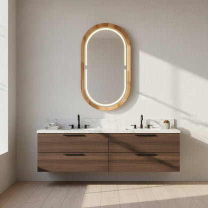 Kayın Ahşap Çerçeveli LED’li Oval Ayna – Dimmer Işıklı Dekoratif Duvar Aynası, Banyo Makyaj Salon Aynası