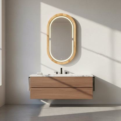Kayın Ahşap Çerçeveli LED’li Oval Ayna – Dimmer Işıklı Dekoratif Duvar Aynası, Banyo Makyaj Salon Aynası