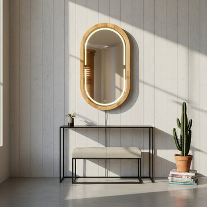 Kayın Ahşap Çerçeveli LED’li Oval Ayna – Dimmer Işıklı Dekoratif Duvar Aynası, Banyo Makyaj Salon Aynası