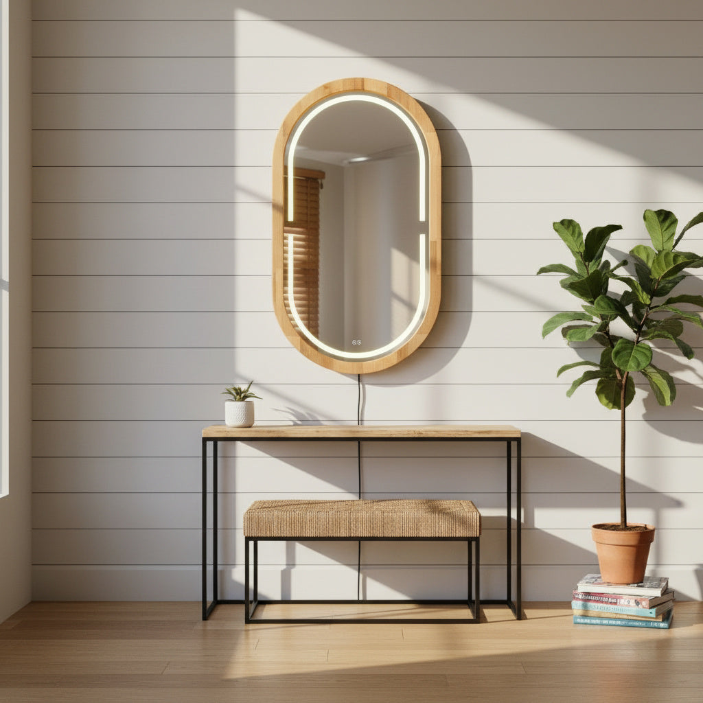 Kayın Ahşap Çerçeveli LED’li Oval Ayna – Dimmer Işıklı Dekoratif Duvar Aynası, Banyo Makyaj Salon Aynası