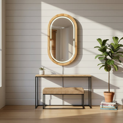 Kayın Ahşap Çerçeveli LED’li Oval Ayna – Dimmer Işıklı Dekoratif Duvar Aynası, Banyo Makyaj Salon Aynası