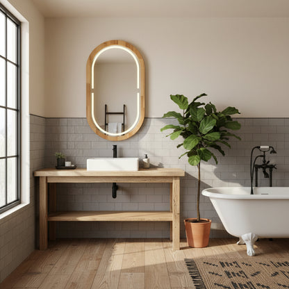 Kayın Ahşap Çerçeveli LED’li Oval Ayna – Dimmer Işıklı Dekoratif Duvar Aynası, Banyo Makyaj Salon Aynası