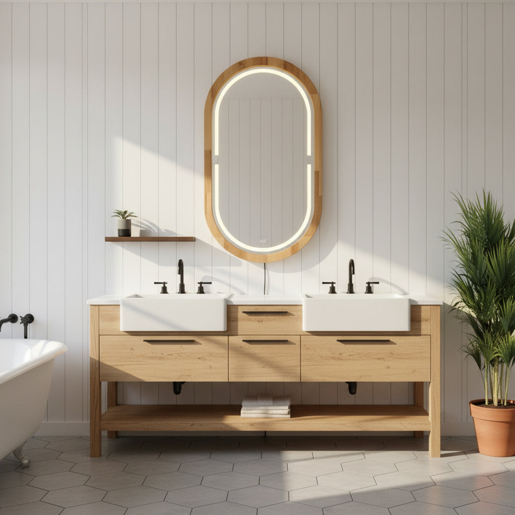 Kayın Ahşap Çerçeveli LED’li Oval Ayna – Dimmer Işıklı Dekoratif Duvar Aynası, Banyo Makyaj Salon Aynası