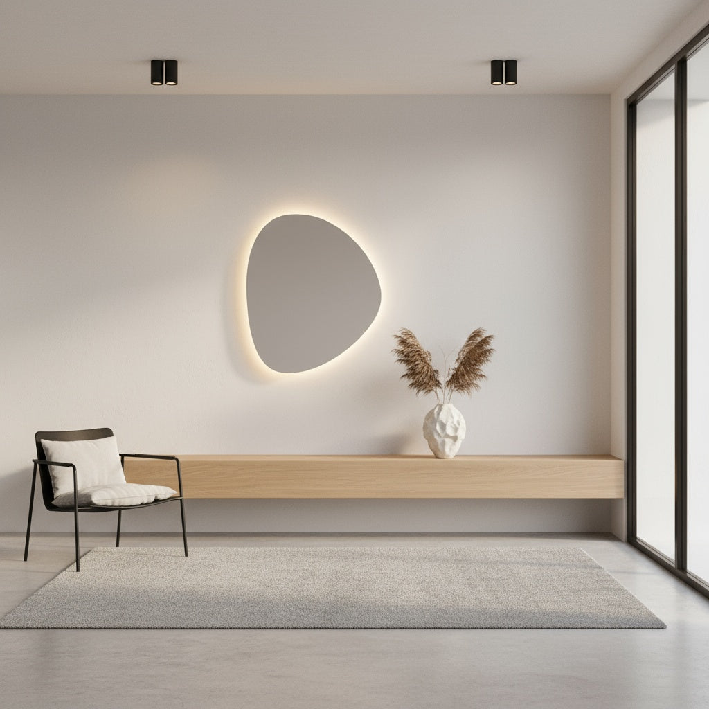 Modern Asimetrik LED Ayna | Organik Şekilli Dekoratif Banyo Aynası | Sıcak Işıklı Tasarım Aydınlatmalı Ayna