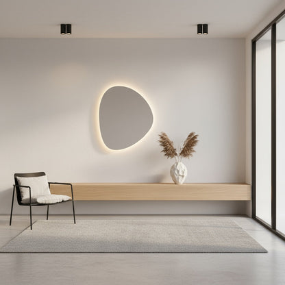 Modern Asimetrik LED Ayna | Organik Şekilli Dekoratif Banyo Aynası | Sıcak Işıklı Tasarım Aydınlatmalı Ayna
