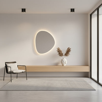Modern Asimetrik LED Ayna | Organik Şekilli Dekoratif Banyo Aynası | Sıcak Işıklı Tasarım Aydınlatmalı Ayna