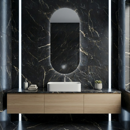 Ark LED Ayna – Modern Banyo LED Ayna, Oval Işıklı Dekoratif Duvar Aynası, Şerit LED’li Şık Banyo Aynası