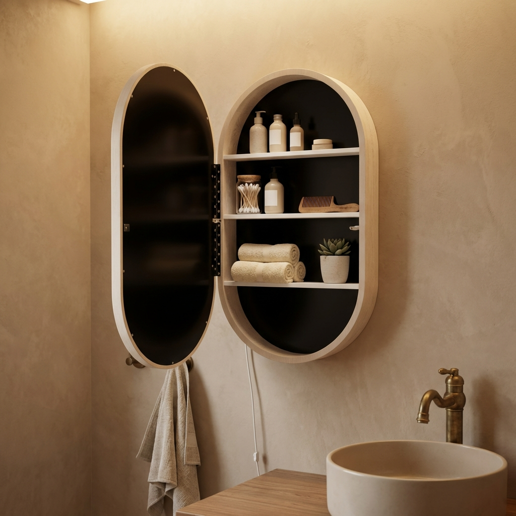 LED Işıklı Dimmable Banyo Aynası Dolaplı – Modern Duvar Tipi Oval Tasarım