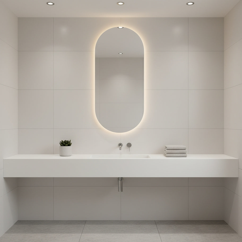 Ark LED Ayna – Modern Banyo LED Ayna, Oval Işıklı Dekoratif Duvar Aynası, Şerit LED’li Şık Banyo Aynası