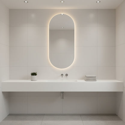 Ark LED Ayna – Modern Banyo LED Ayna, Oval Işıklı Dekoratif Duvar Aynası, Şerit LED’li Şık Banyo Aynası