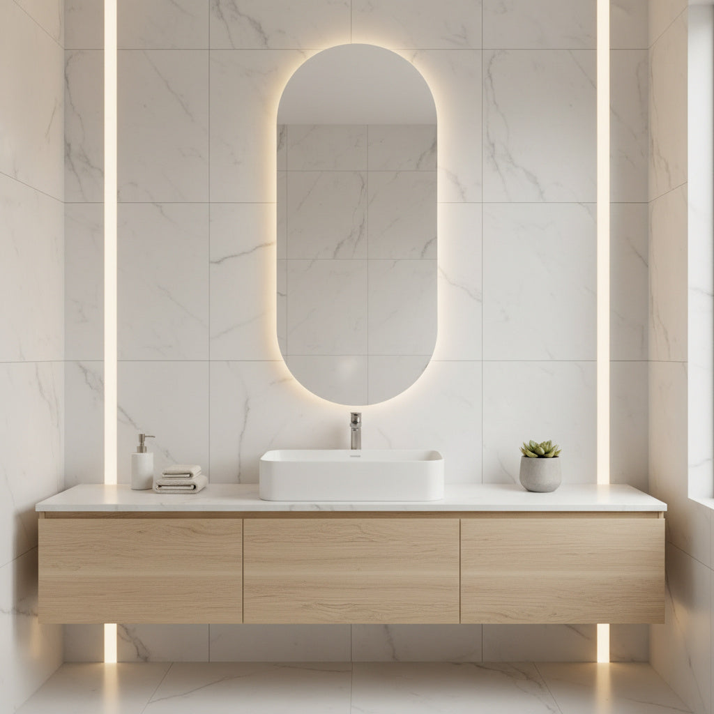 Ark LED Ayna – Modern Banyo LED Ayna, Oval Işıklı Dekoratif Duvar Aynası, Şerit LED’li Şık Banyo Aynası