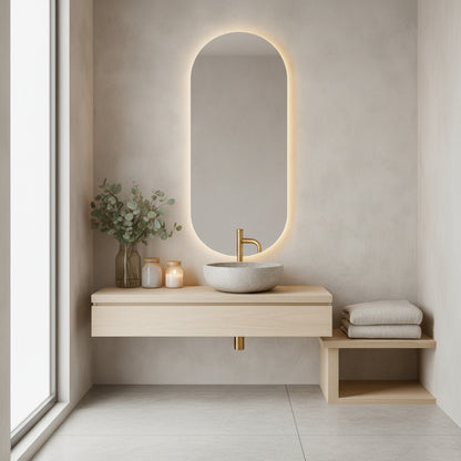Ark LED Ayna – Modern Banyo LED Ayna, Oval Işıklı Dekoratif Duvar Aynası, Şerit LED’li Şık Banyo Aynası