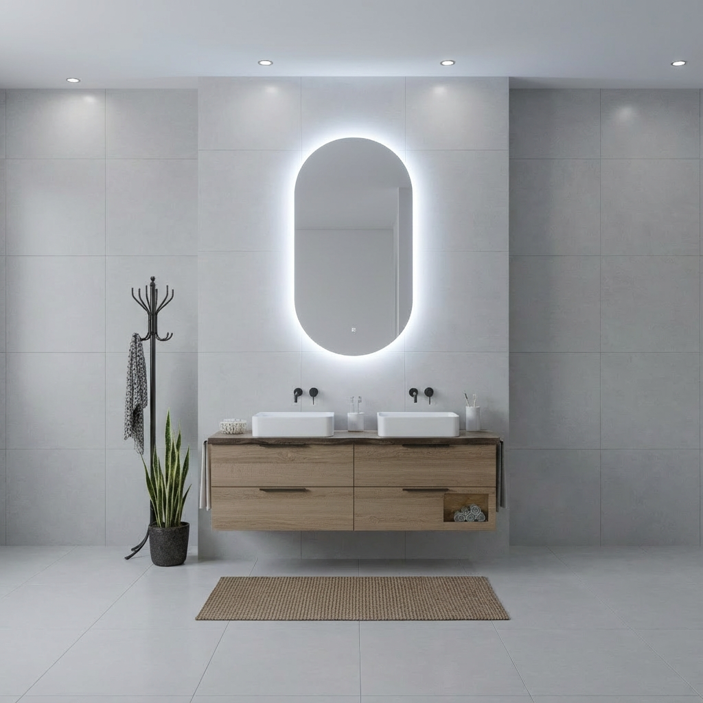 Oval LED Aydınlatmalı Ayna – Modern Dekoratif Banyo Aynası, Arkadan Işıklı Tasarım
