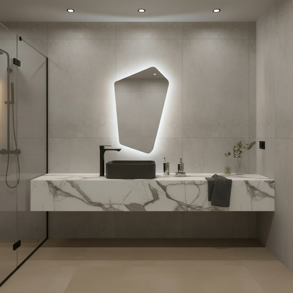 Asimetrik LED Işıklı Ayna – Minimal ve Şık Düzensiz Form Banyo Duvar Aynası