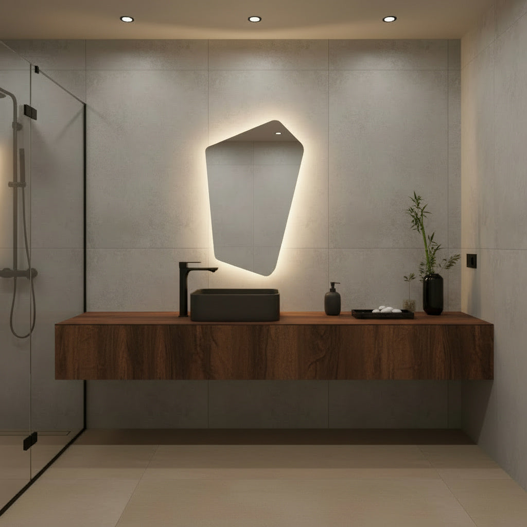 Asimetrik LED Işıklı Ayna – Minimal ve Şık Düzensiz Form Banyo Duvar Aynası