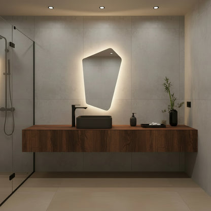 Asimetrik LED Işıklı Ayna – Minimal ve Şık Düzensiz Form Banyo Duvar Aynası