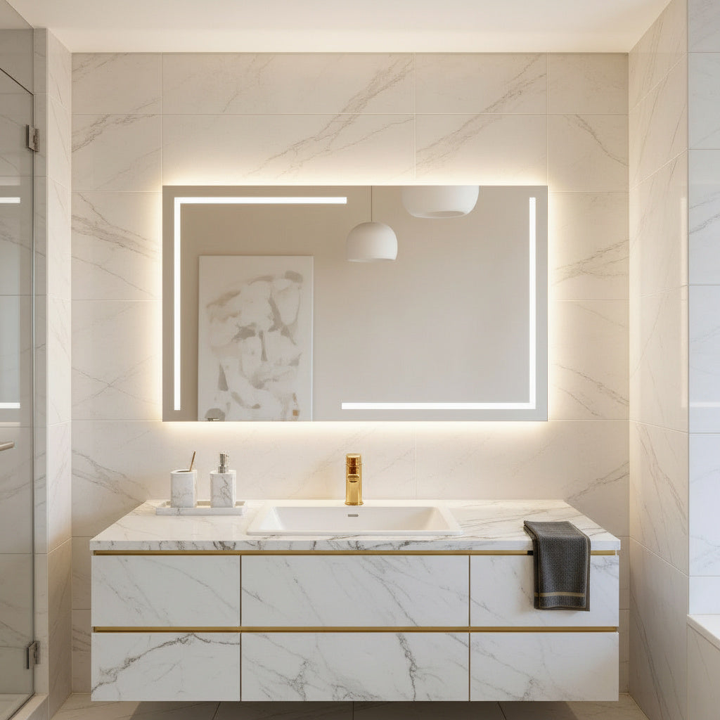 Lüks Geometrik LED Işıklı Ayna – Minimalist Siyah ve Altın Işık Efektli Dikdörtgen Ayna