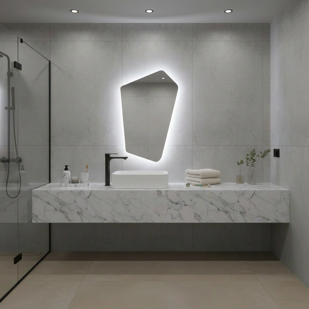 Asimetrik LED Işıklı Ayna – Minimal ve Şık Düzensiz Form Banyo Duvar Aynası
