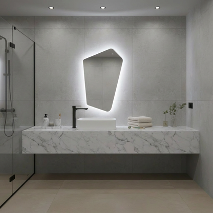 Asimetrik LED Işıklı Ayna – Minimal ve Şık Düzensiz Form Banyo Duvar Aynası