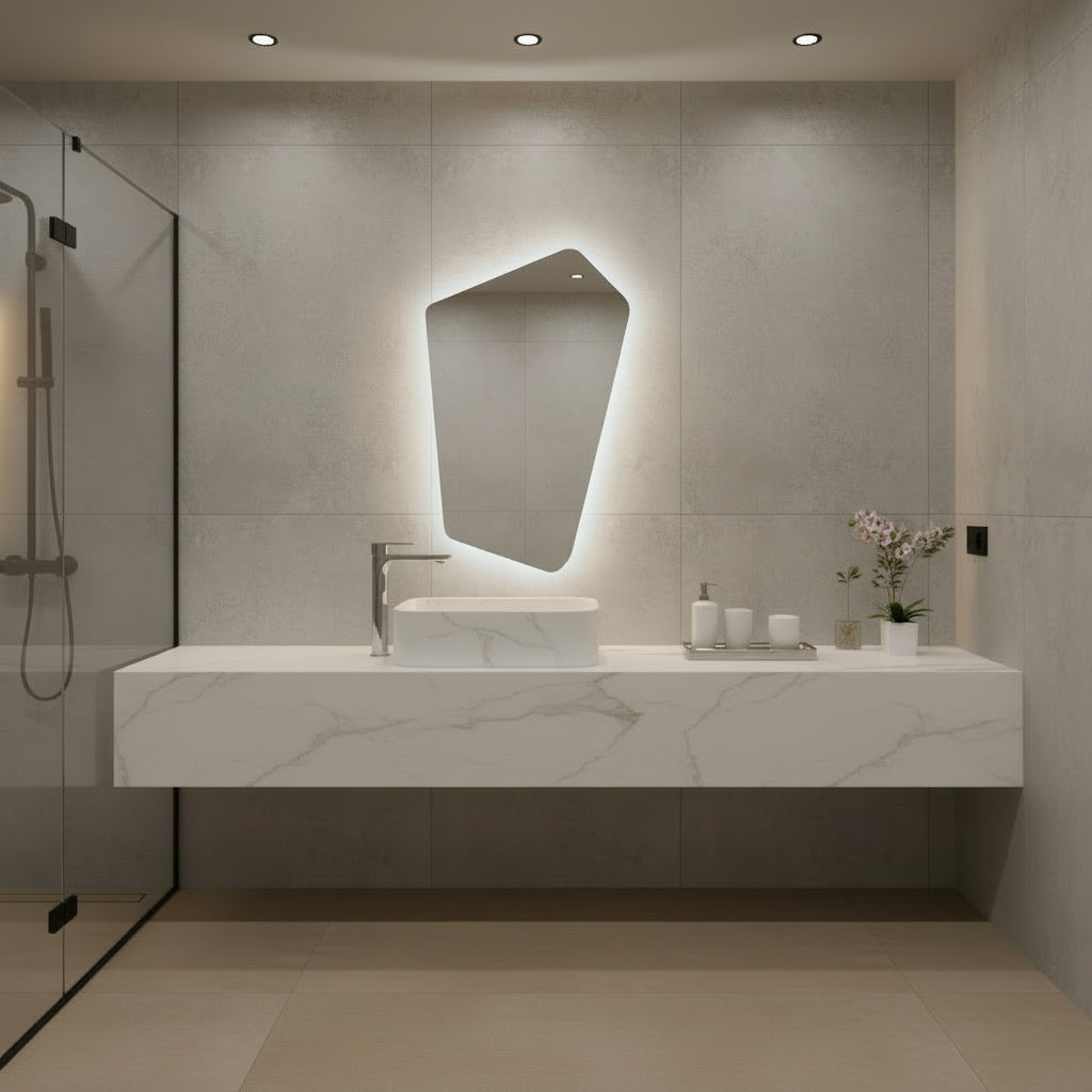 Asimetrik LED Işıklı Ayna – Minimal ve Şık Düzensiz Form Banyo Duvar Aynası