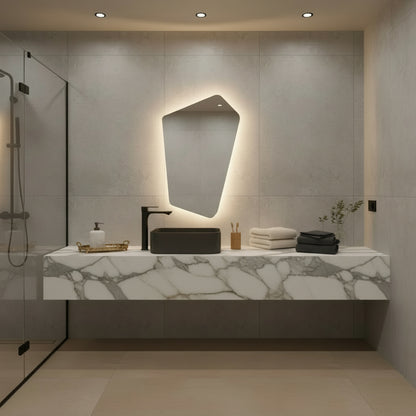 Asimetrik LED Işıklı Ayna – Minimal ve Şık Düzensiz Form Banyo Duvar Aynası
