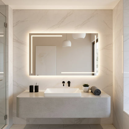 Lüks Geometrik LED Işıklı Ayna – Minimalist Siyah ve Altın Işık Efektli Dikdörtgen Ayna