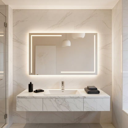 Lüks Geometrik LED Işıklı Ayna – Minimalist Siyah ve Altın Işık Efektli Dikdörtgen Ayna