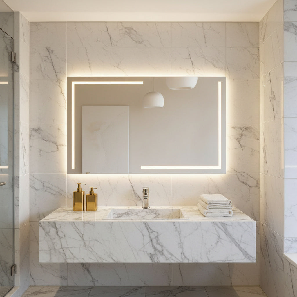 Lüks Geometrik LED Işıklı Ayna – Minimalist Siyah ve Altın Işık Efektli Dikdörtgen Ayna