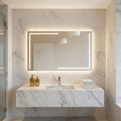 Lüks Geometrik LED Işıklı Ayna – Minimalist Siyah ve Altın Işık Efektli Dikdörtgen Ayna