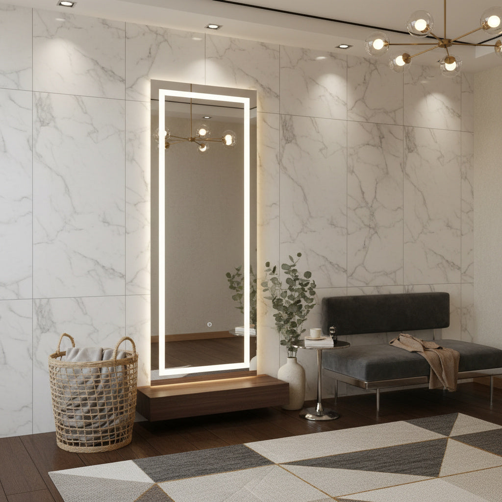 Büyük LED Işıklı Dikdörtgen Banyo Aynası – Modern Çerçevesiz Tasarım, Touch ve Duvar Anahtarlı