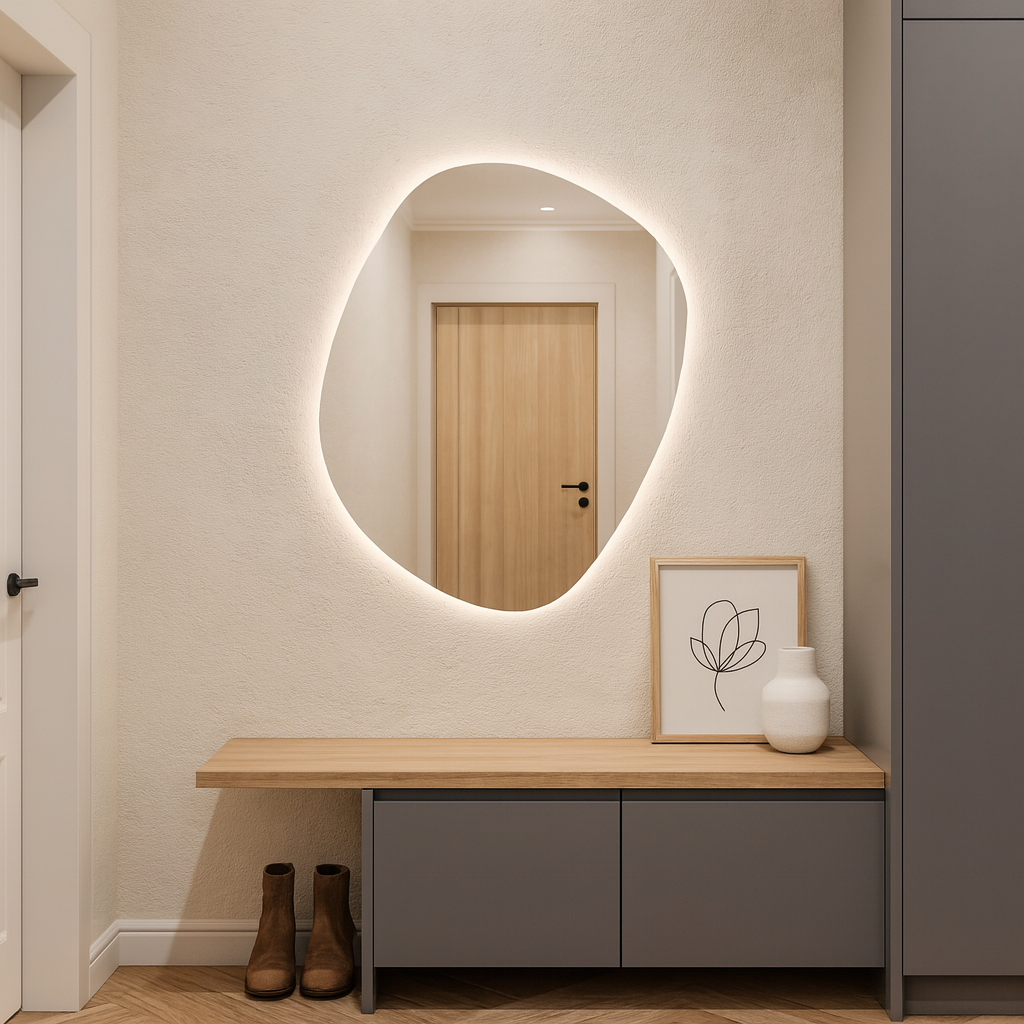Modern Organik Şekilli LED Banyo Aynası – Arka Işıklı Dekoratif Ayna, Minimalist Tasarım Aydınlatmalı Ayna
