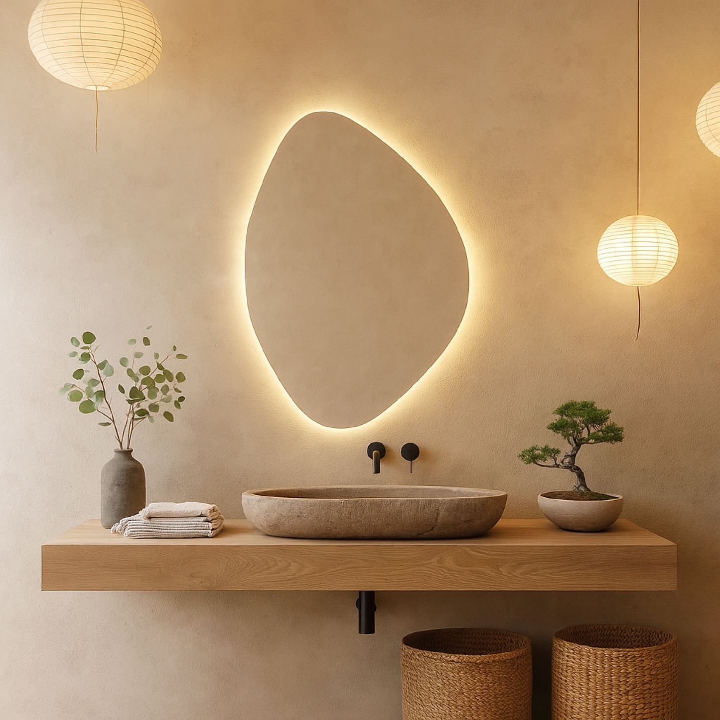 LED Işıklı Asimetrik Ayna – Modern Dekoratif Duvar Aynası, Arkadan Aydınlatmalı Banyo & Salon Aynası