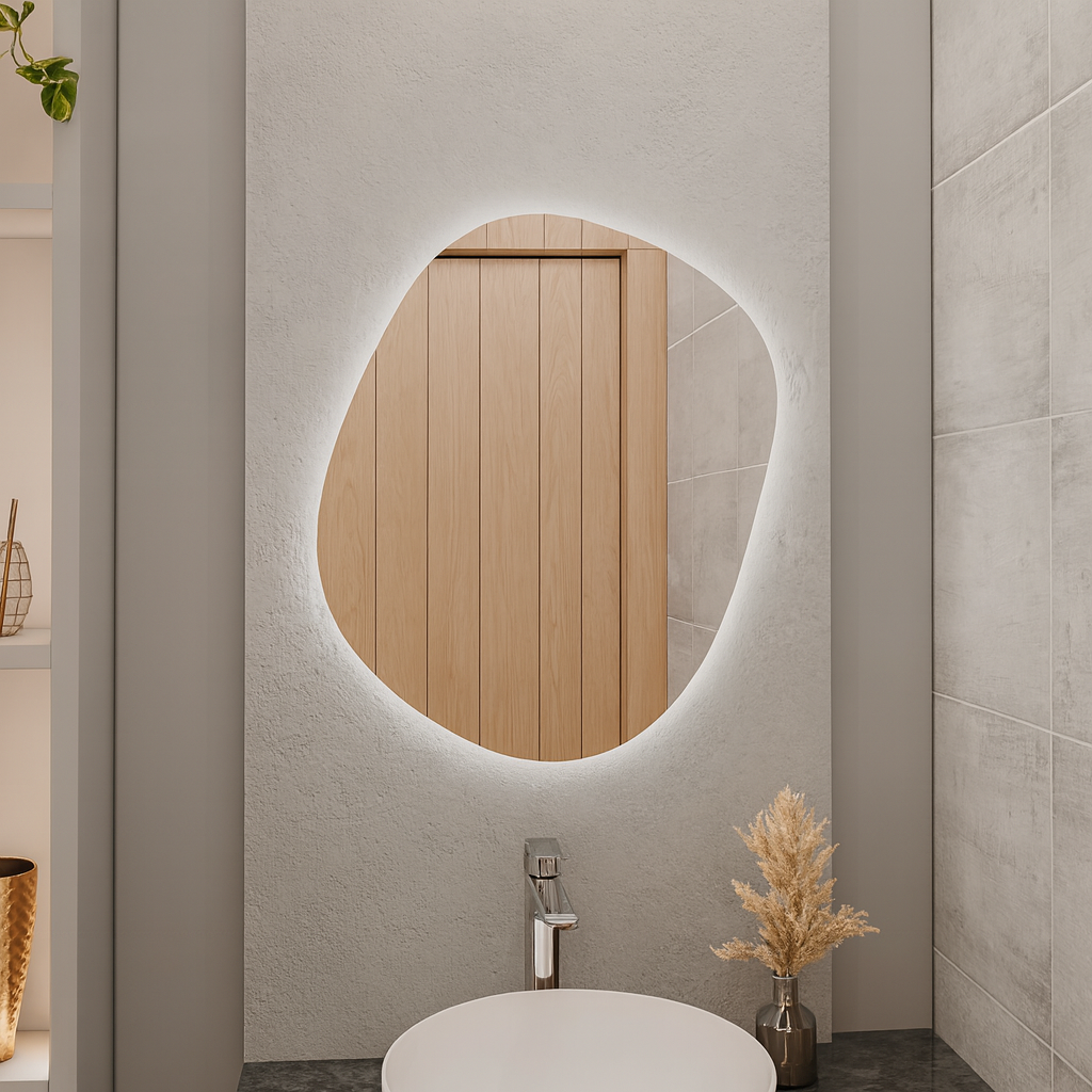 Modern Organik Şekilli LED Banyo Aynası – Arka Işıklı Dekoratif Ayna, Minimalist Tasarım Aydınlatmalı Ayna