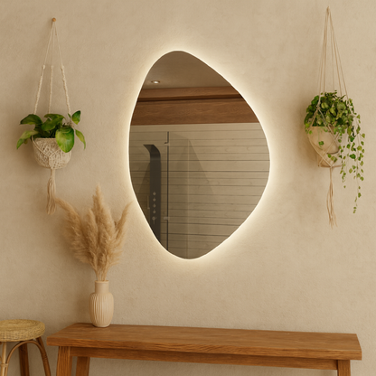 LED Işıklı Asimetrik Ayna – Modern Dekoratif Duvar Aynası, Arkadan Aydınlatmalı Banyo & Salon Aynası