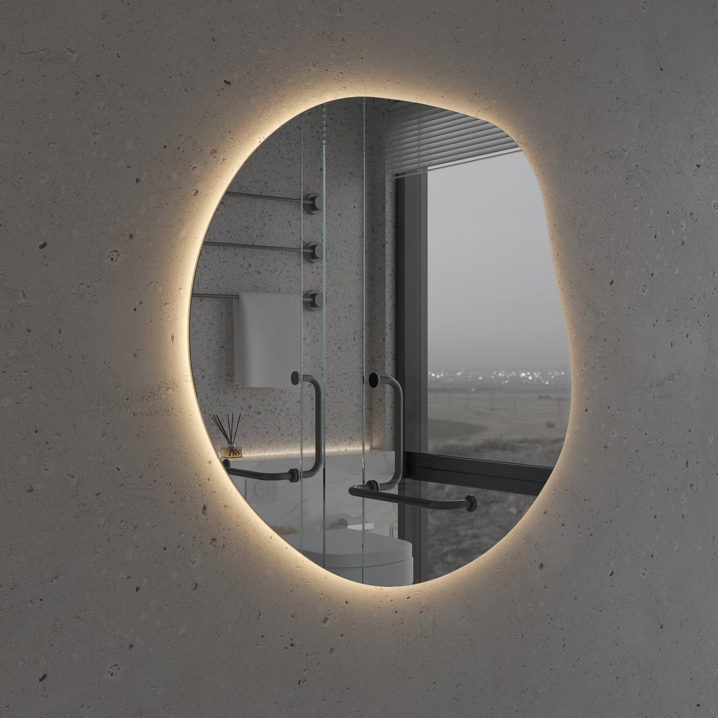 Modern LED Aydınlatmalı Asimetrik Ayna – Organik Form Dekoratif Duvar ve Banyo Aynası