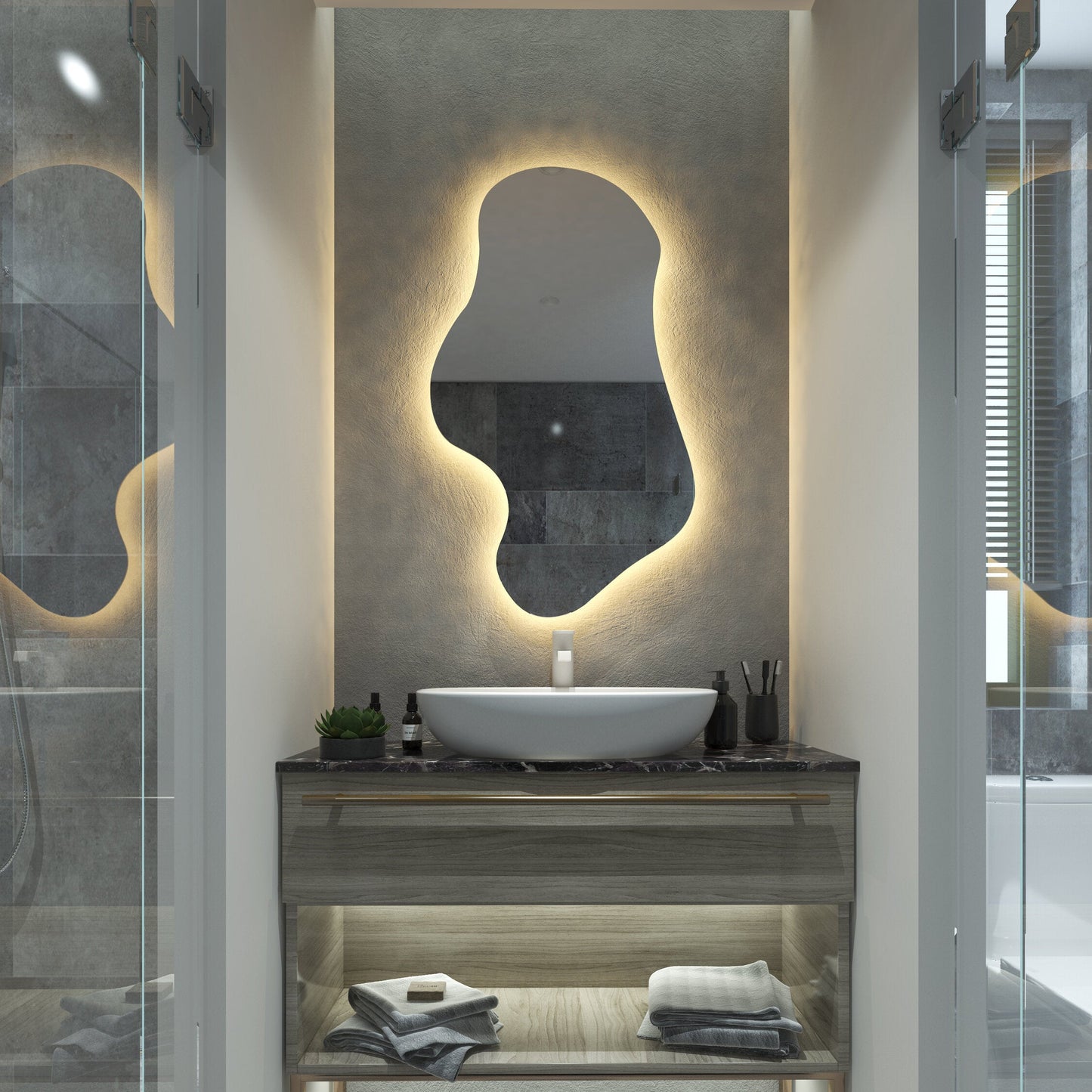Asimetrik LED Ayna | Modern Organik Şekilli Işıklı Duvar ve Banyo Aynası – Dekoratif Tasarım