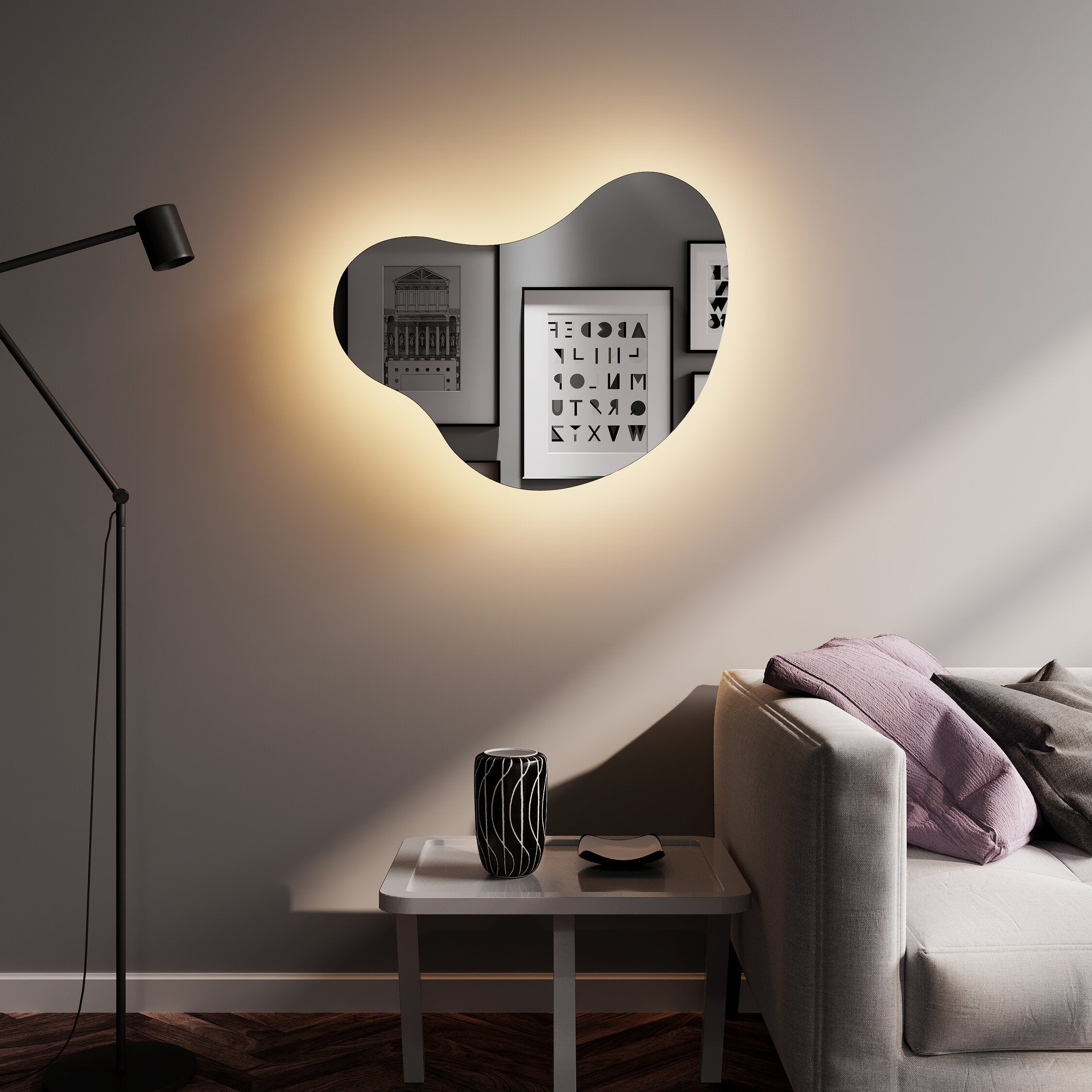 Asimetrik LED Ayna – Modern Organik Duvar Aynası, Dekoratif Banyo LED’li Ayna, Şekilli Tasarım Aydınlatmalı Ayna