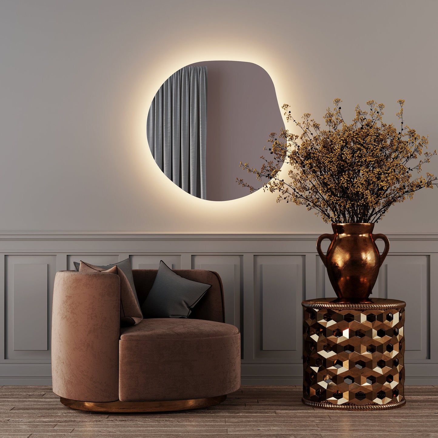 Modern LED Aydınlatmalı Asimetrik Ayna – Organik Form Dekoratif Duvar ve Banyo Aynası