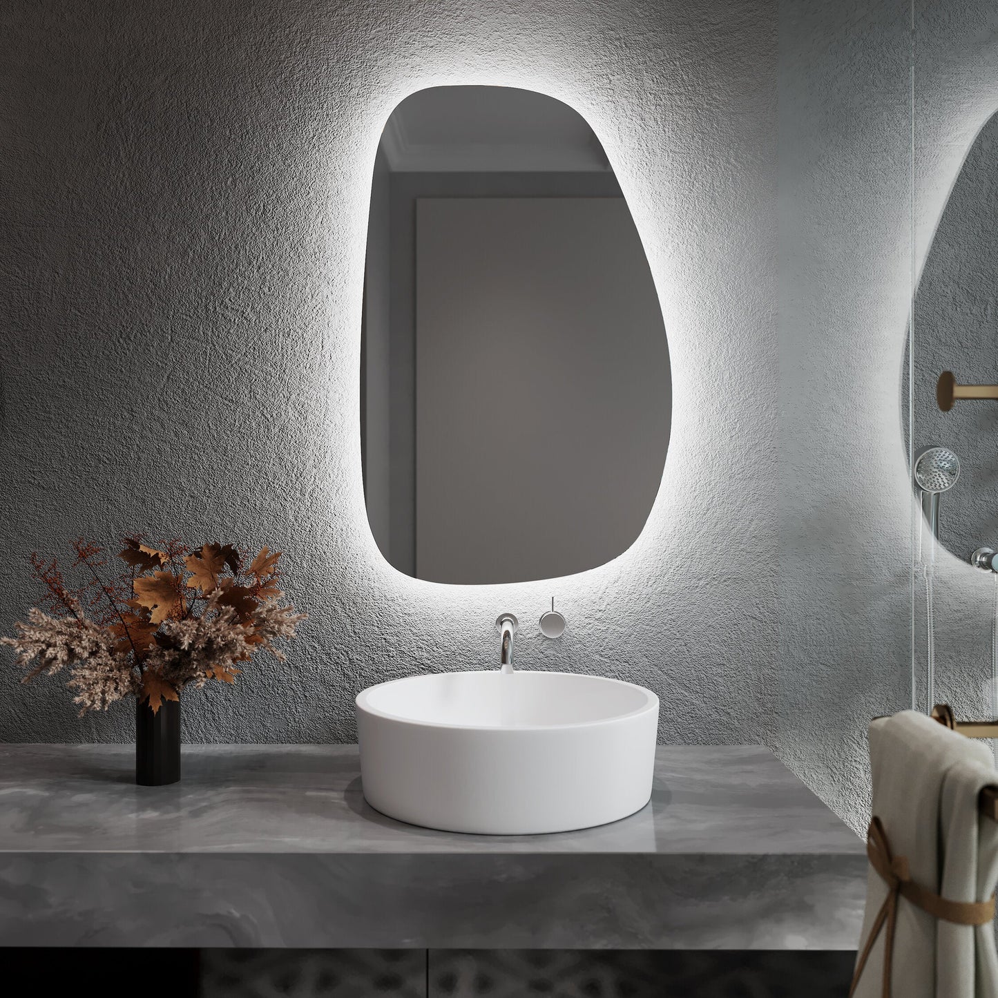 Asimetrik LED Ayna – Modern Dekoratif Organik Şekilli Duvar Aynası | Banyo & Salon için Tasarım Ayna