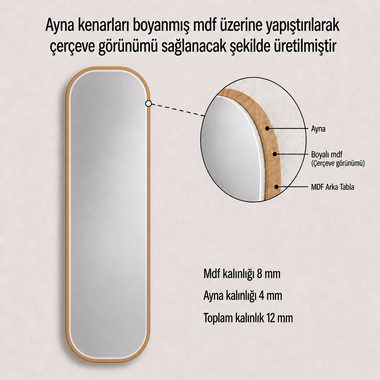 Modern Oval Boy Aynası 40x120 cm – Yuvarlak Hatlı Minimalist Dekoratif Duvar Aynası 2026 Trend