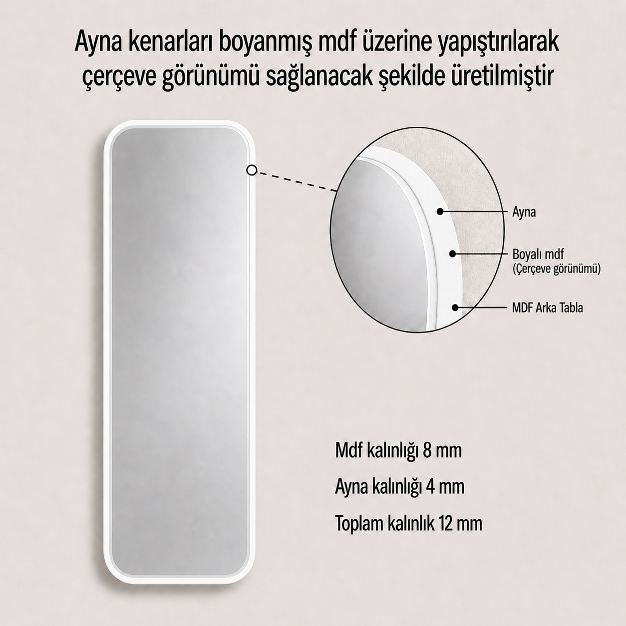 Modern Yuvarlatılmış Köşeli Boy Aynası 40x120 cm – Minimalist İnce Çerçeveli Dekoratif Duvar Aynası
