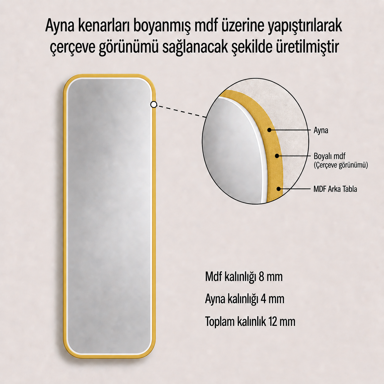 Modern Yuvarlatılmış Köşeli Boy Aynası 40x120 cm – Minimalist İnce Çerçeveli Dekoratif Duvar Aynası