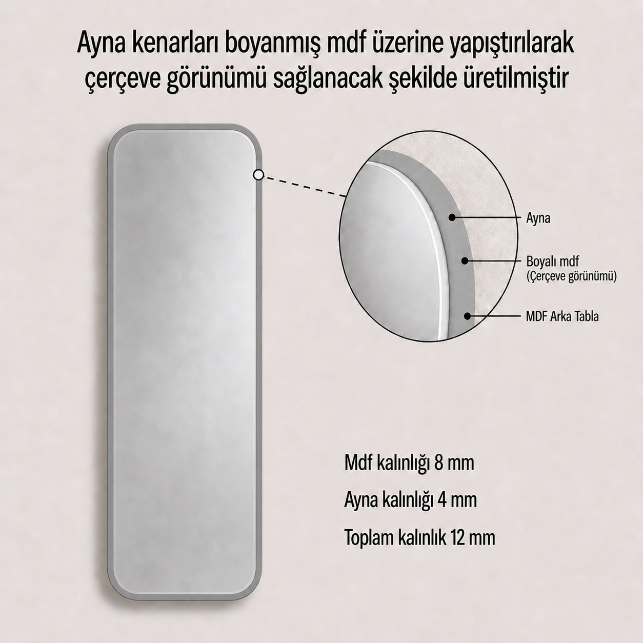 Modern Yuvarlatılmış Köşeli Boy Aynası 40x120 cm – Minimalist İnce Çerçeveli Dekoratif Duvar Aynası
