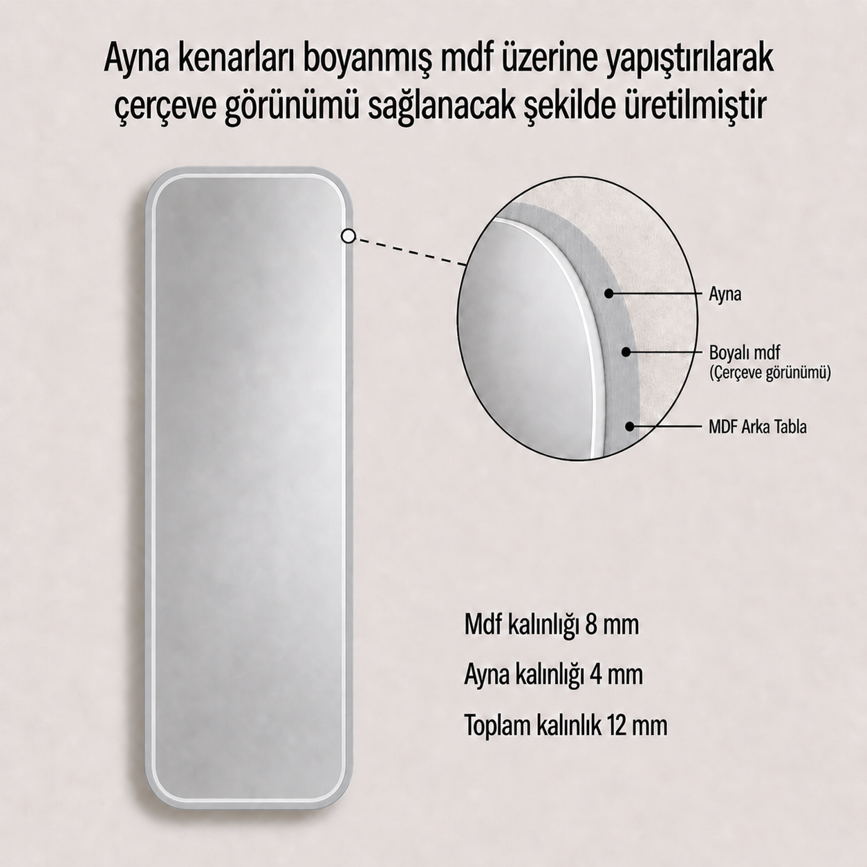 Modern Yuvarlatılmış Köşeli Boy Aynası 40x120 cm – Minimalist İnce Çerçeveli Dekoratif Duvar Aynası