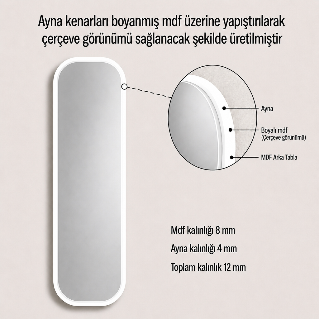 Modern Oval Boy Aynası 40x120 cm – Yuvarlak Hatlı Minimalist Dekoratif Duvar Aynası 2026 Trend