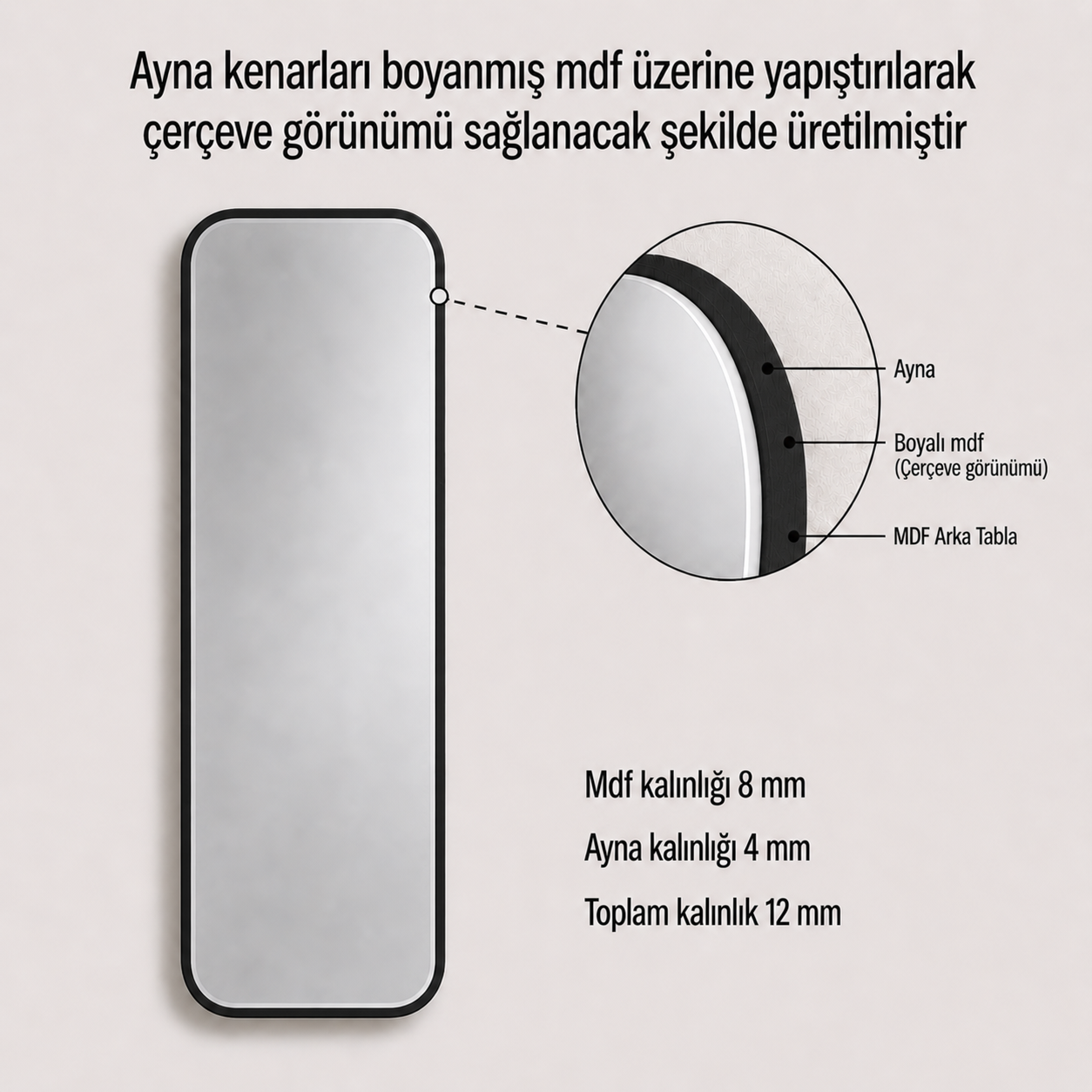 Modern Yuvarlatılmış Köşeli Boy Aynası 40x120 cm – Minimalist İnce Çerçeveli Dekoratif Duvar Aynası